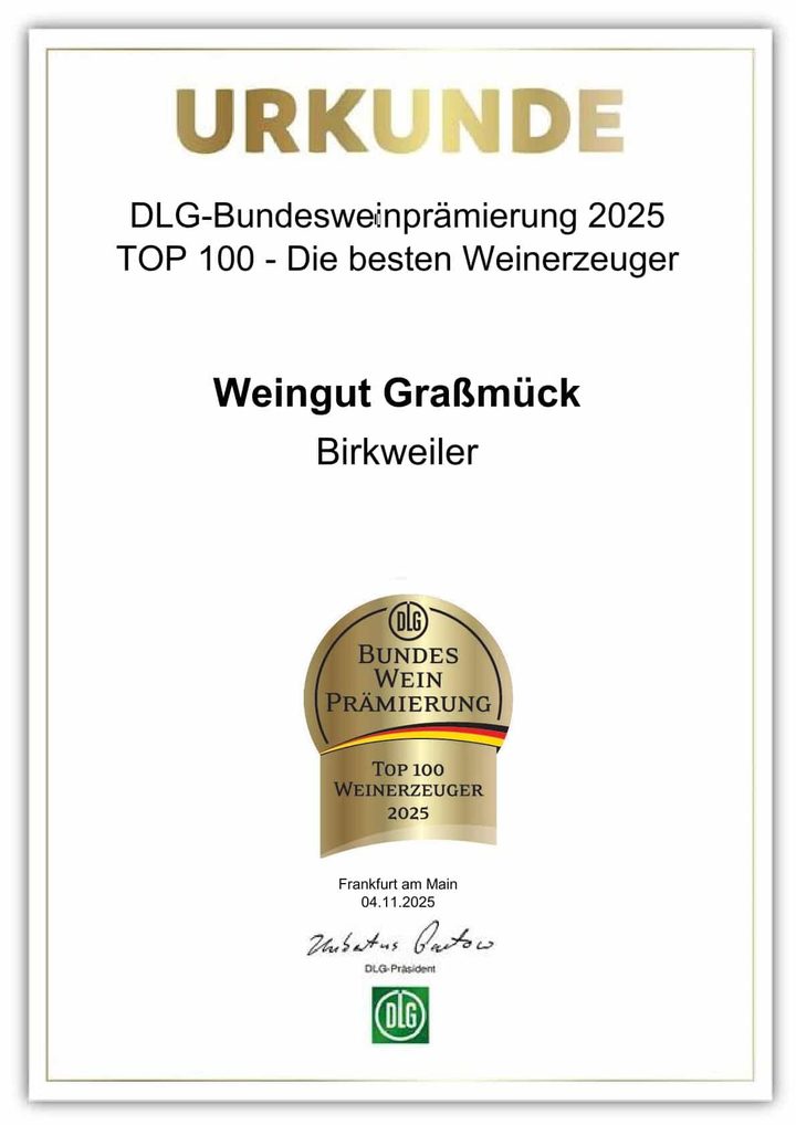 Urkunde DLG Bundesweinprämierung 2025: TOP 100 Weinerzeuger