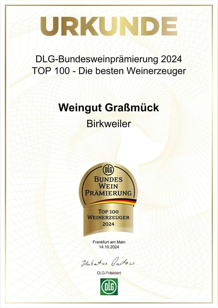 Urkunde DLG Bundesweinprämierung 2024: TOP 100 Weinerzeuger