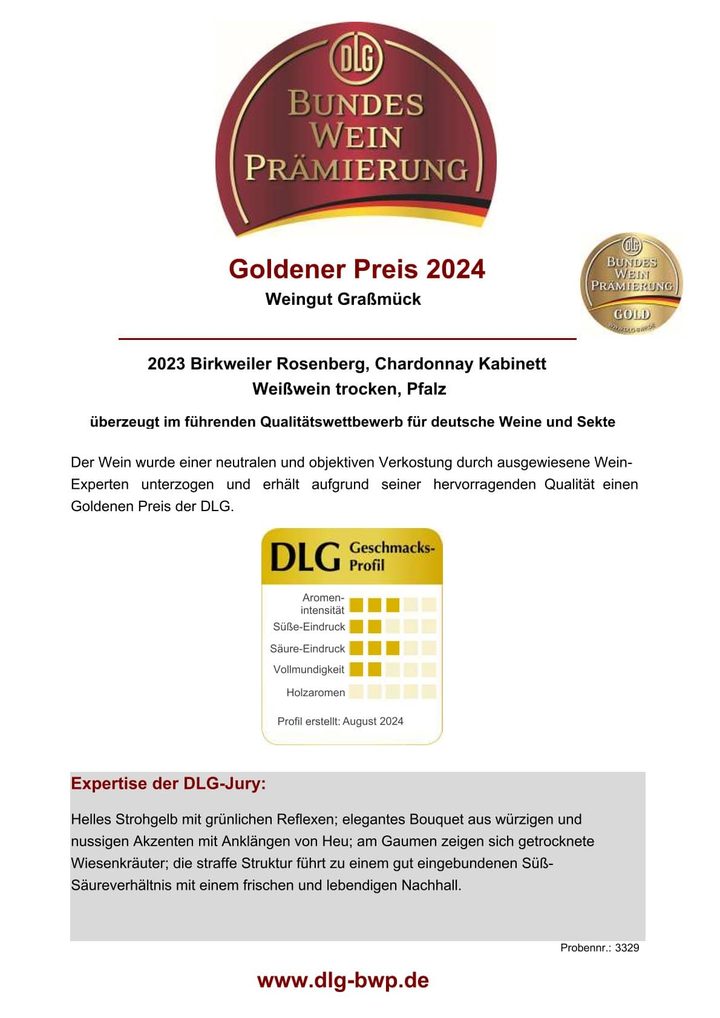 Urkunde DLG Bundesweinprämierung 2024: Goldener Preis