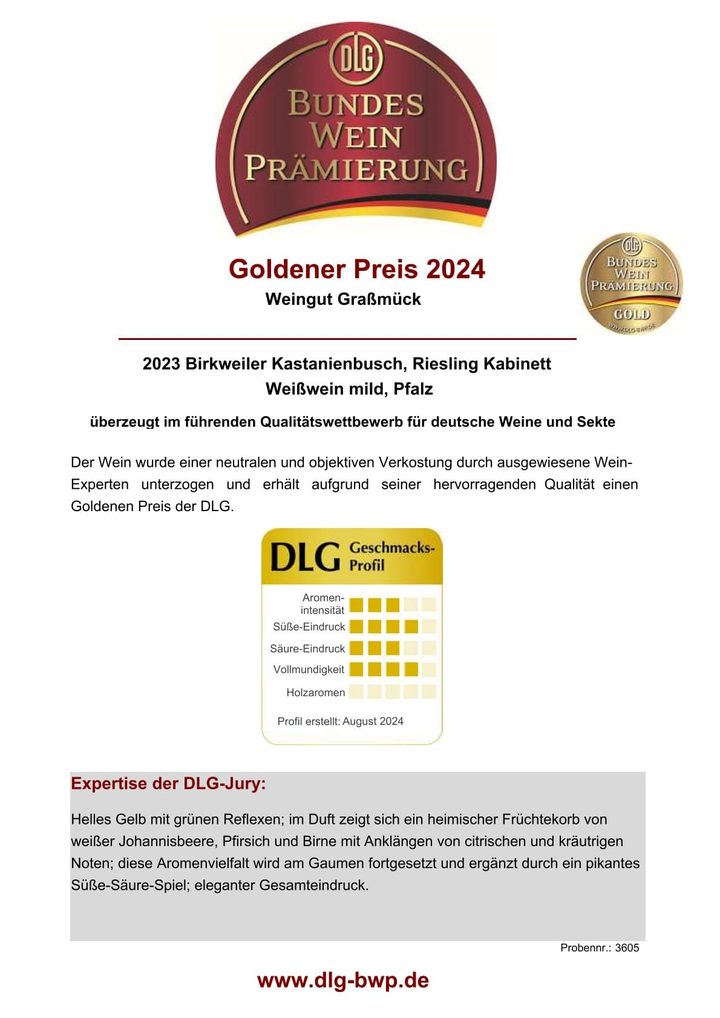 Urkunde DLG Bundesweinprämierung 2024: Goldener Preis