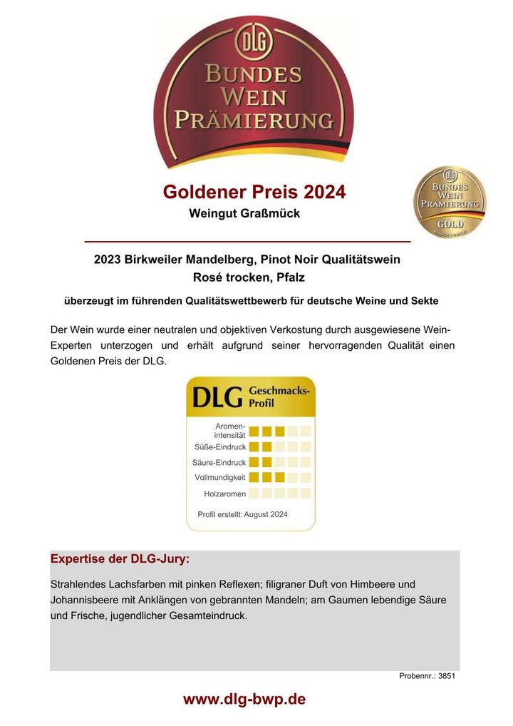 Urkunde DLG Bundesweinprämierung 2024: Goldener Preis