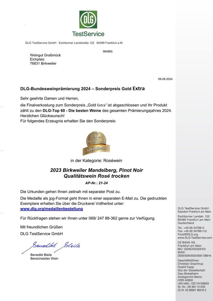 Urkunde DLG Bundesweinprämierung 2024: Gold Extra