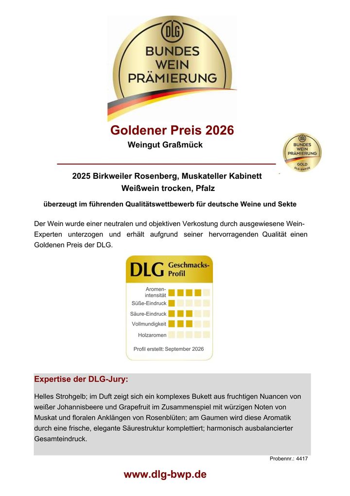 Urkunde DLG Bundesweinprämierung 2026: Goldener Preis